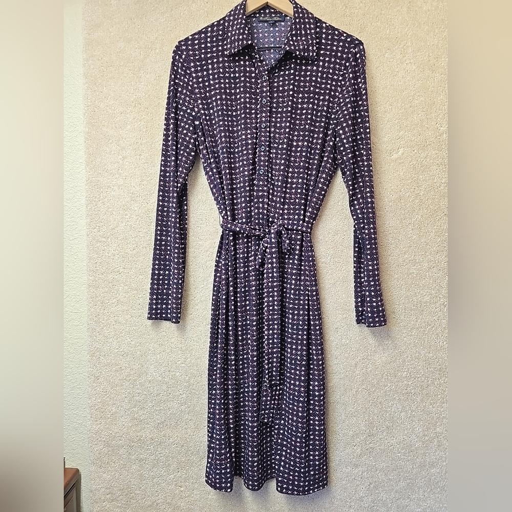 Brooks Brothers Blue Red A-line Belt Long Sleeve Midi Shirt Dress Sz L Large EUC